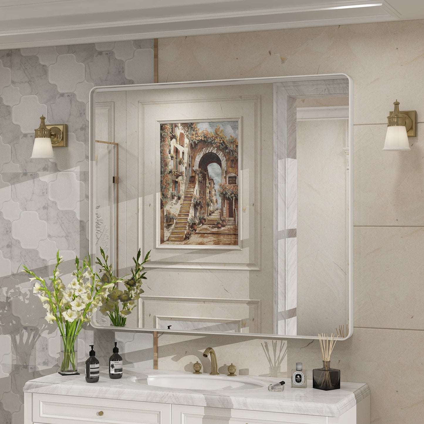 Framed Rectangle Wall Decor Mirror White